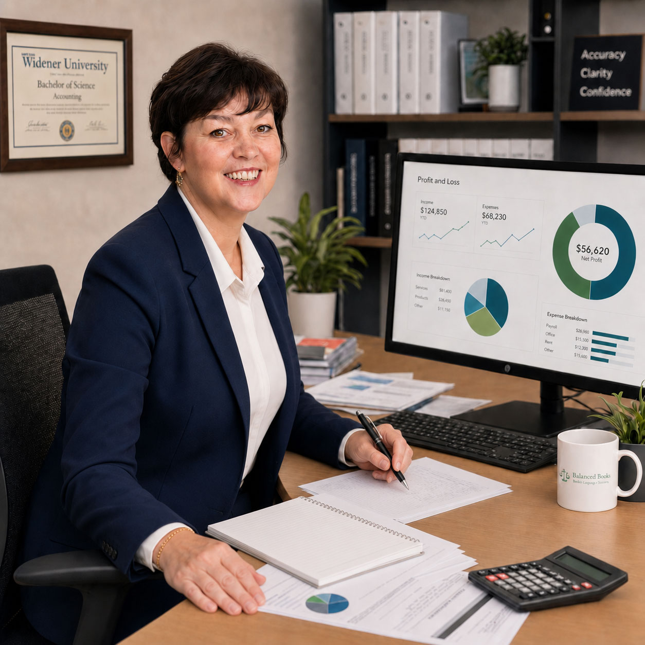 Cathy Schaefer helps a business owner with their bookkeeping